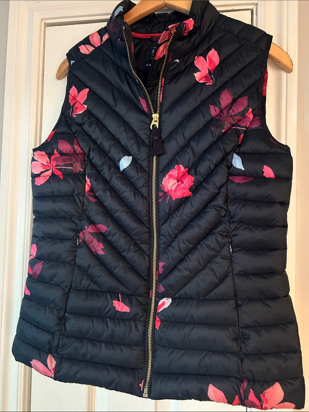 Joules Black Quilted Puffer Vest with Pink Floral Print